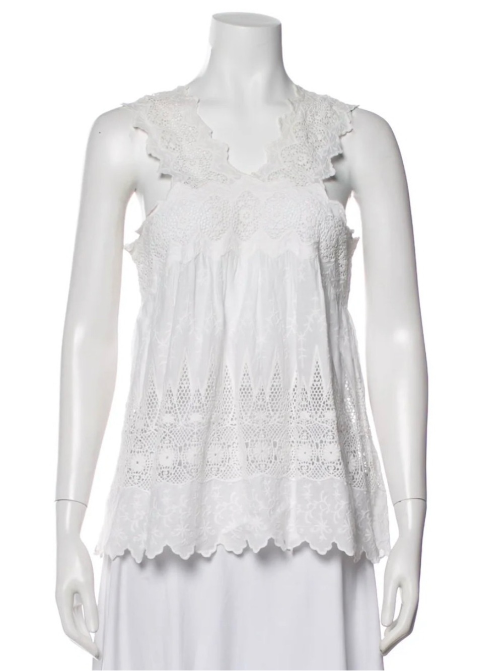 Ulla Johnson White Eyelet Lace-Trim Sleeveless Camisole Blouse 100% Cotton